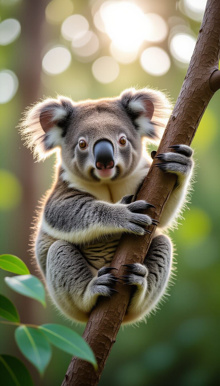 Cute Koala Clinging to Tree Branch, Realistic Forest Backgro...