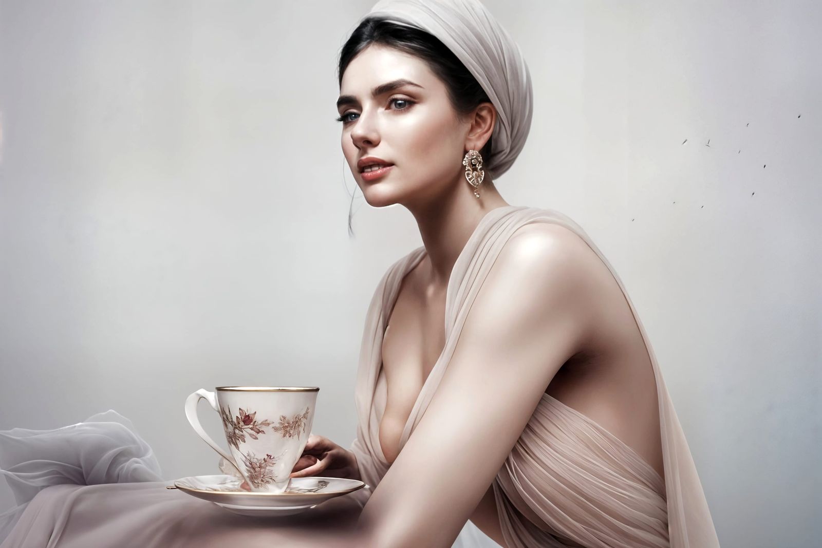 Beautiful Woman Enjoying Tea in Cafe: Hyperrealistic Portrai...