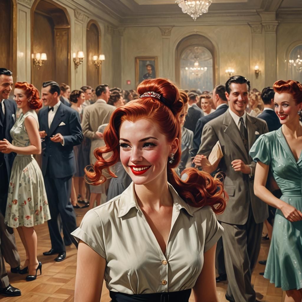 1940s Pin-Up Girl in Ballroom, Photorealistic Style