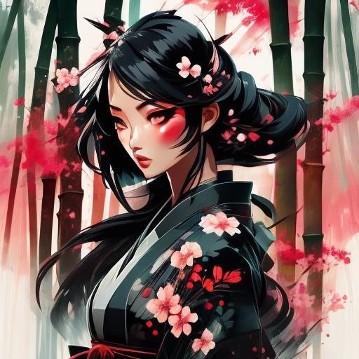 Kimono Girl in Blossom Rain: Double Exposure Portrait