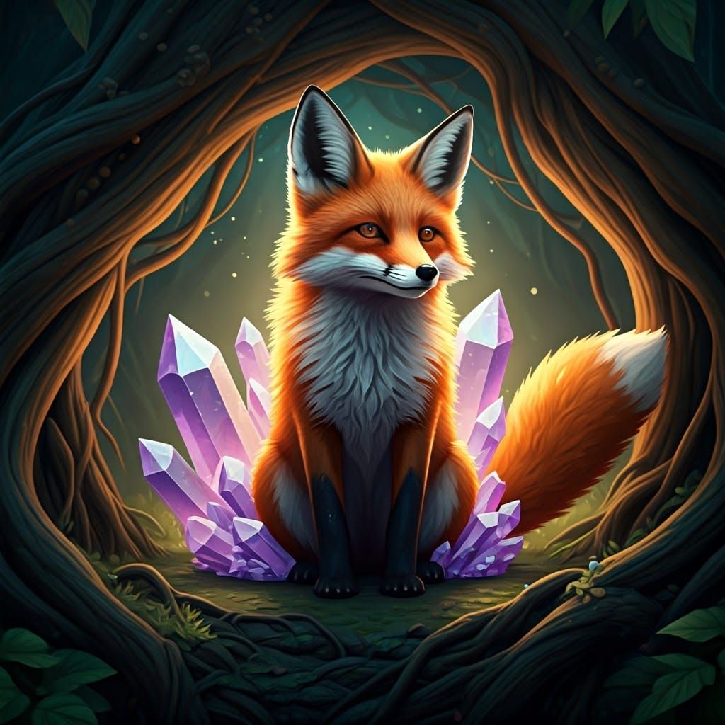 Whimsical Fox Surrounded by Glittering Crystals