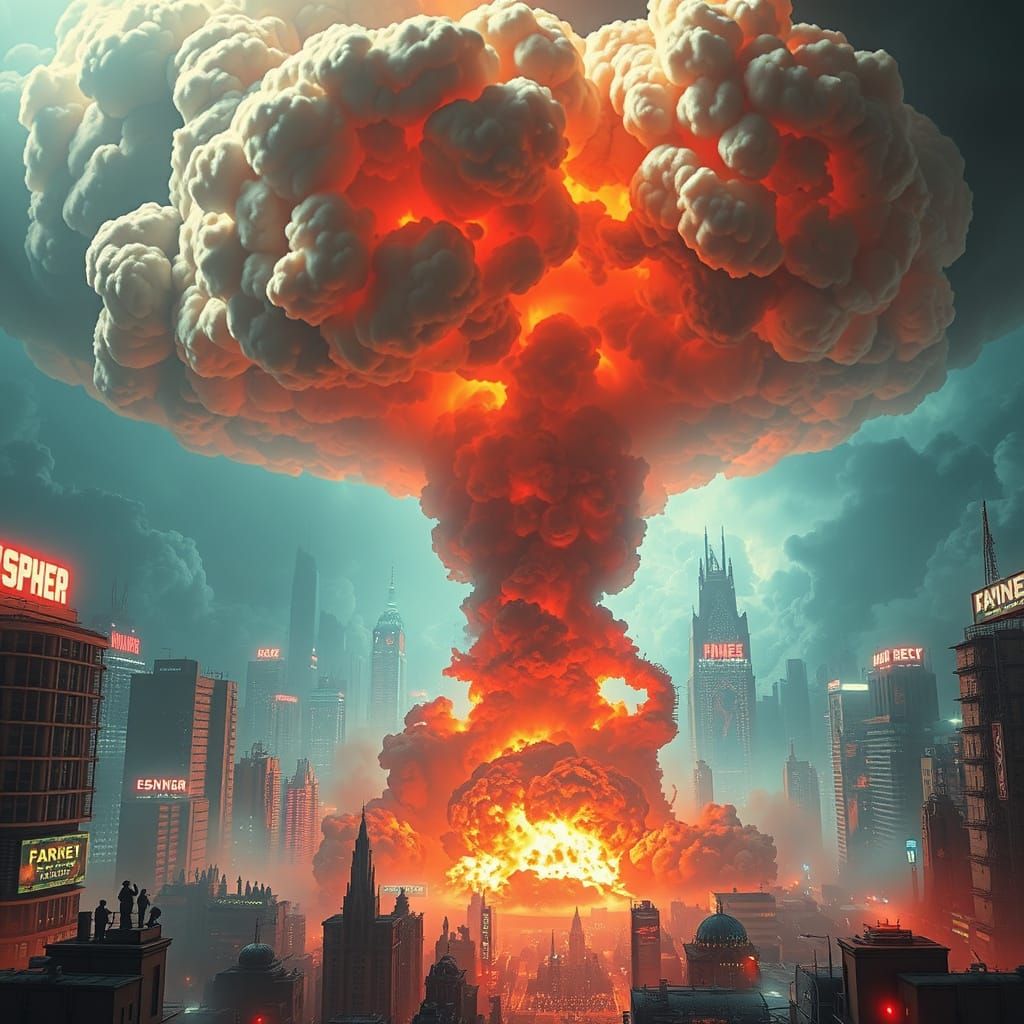 Futuristic Cityscape Engulfed in Atomic Explosion