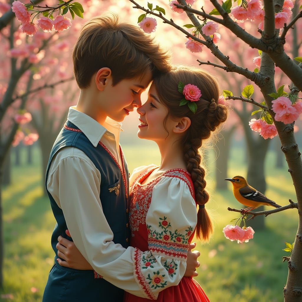 Ukrainian Girl in Cherry Orchard, Romantic Art