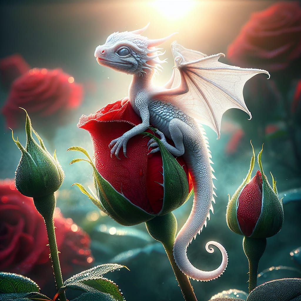 Albino Dragon on Budding Rose in Dew-Kissed Garden