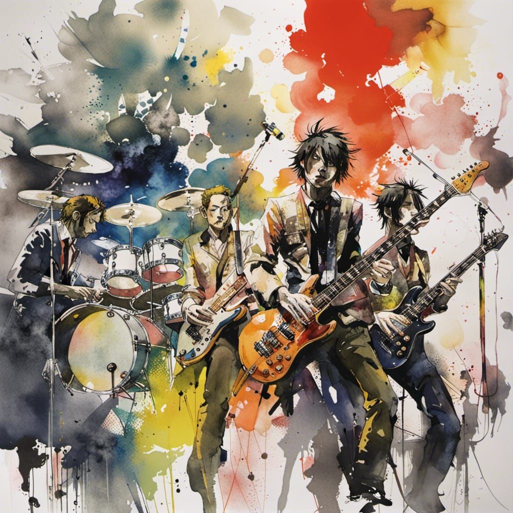 Rock Band Practice in Watercolor Style