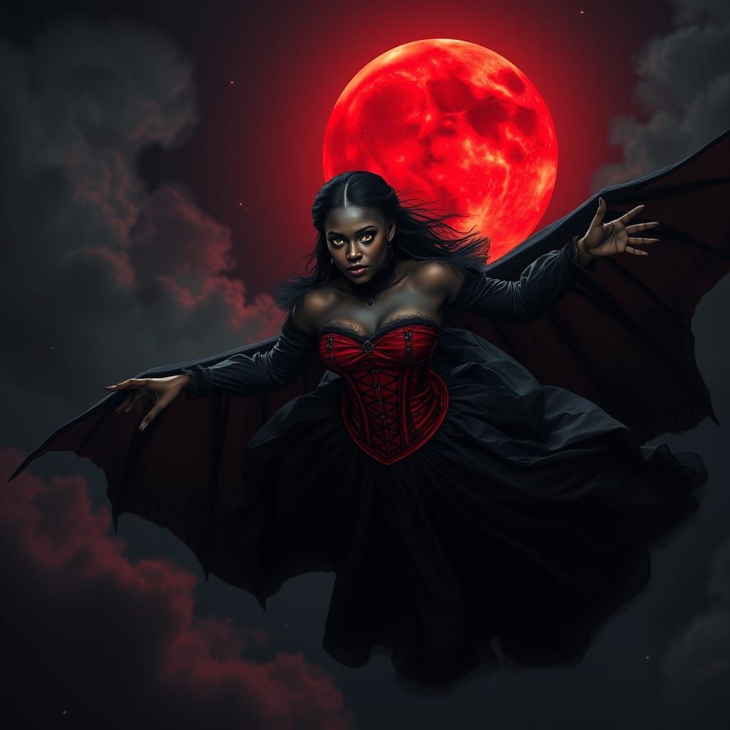 Ethereal Dark Goddess Soars Under Blood Moon
