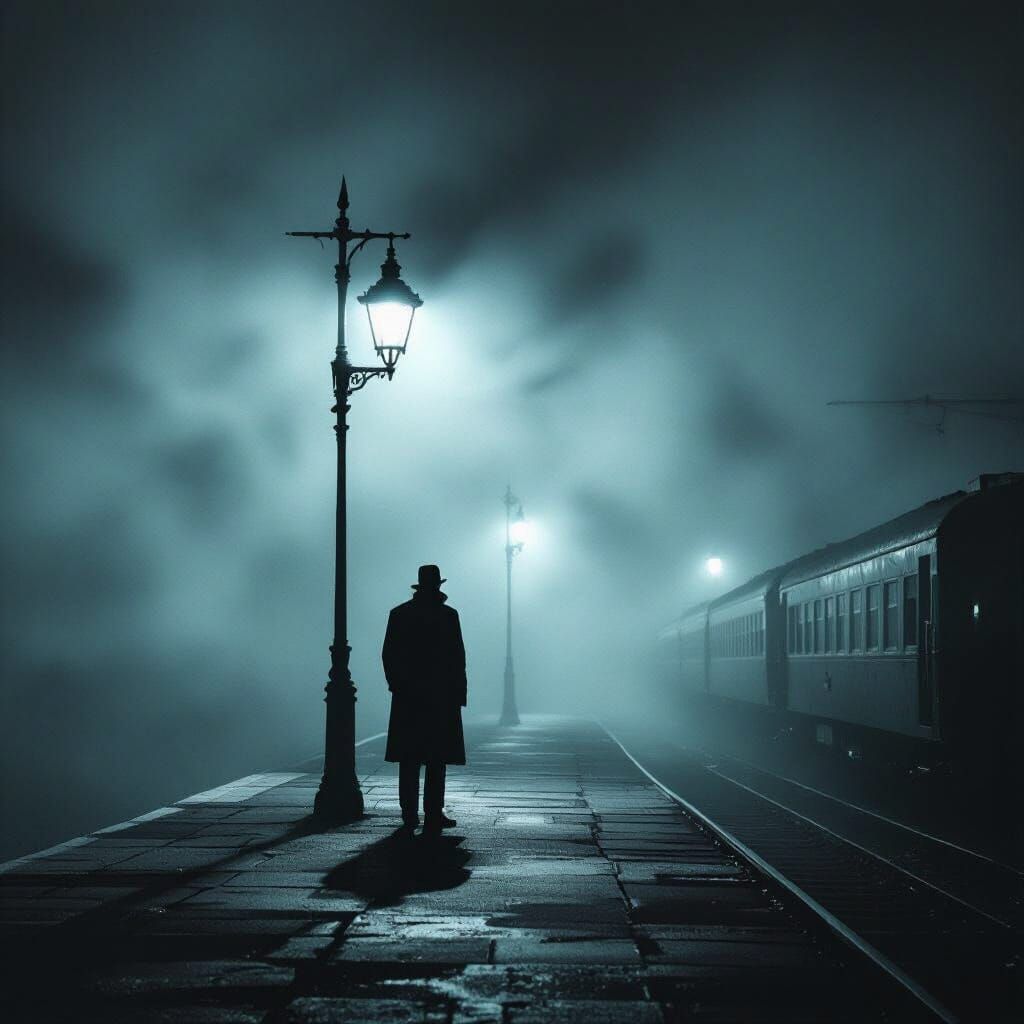 Film Noir Train Platform at Midnight in Mist