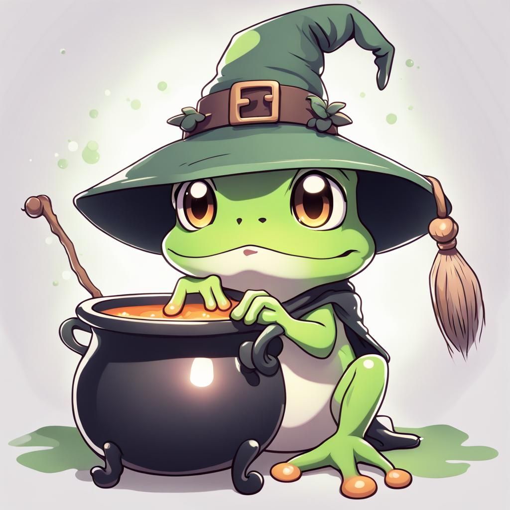 Cute Cartoon Frog with Cauldron in Anime Style