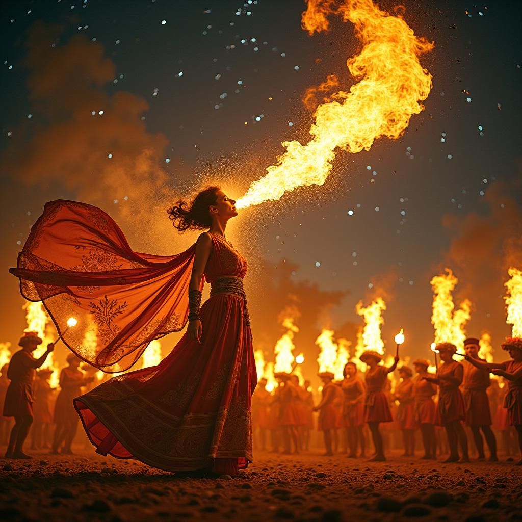 Mystical Woman Breathing Fire in Starry Night
