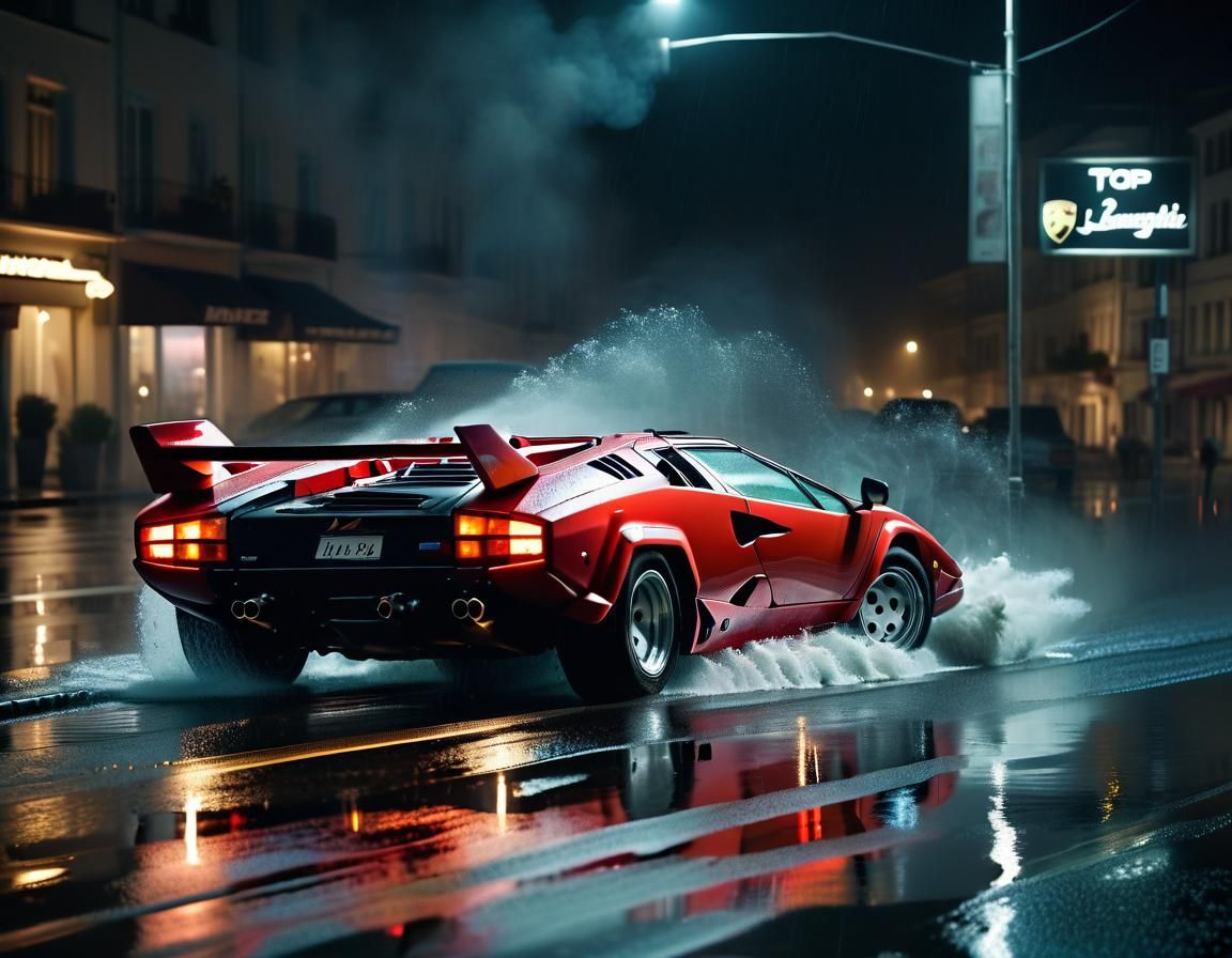 Lamborghini Countach on Wet Road: Cinematic Top-Down View