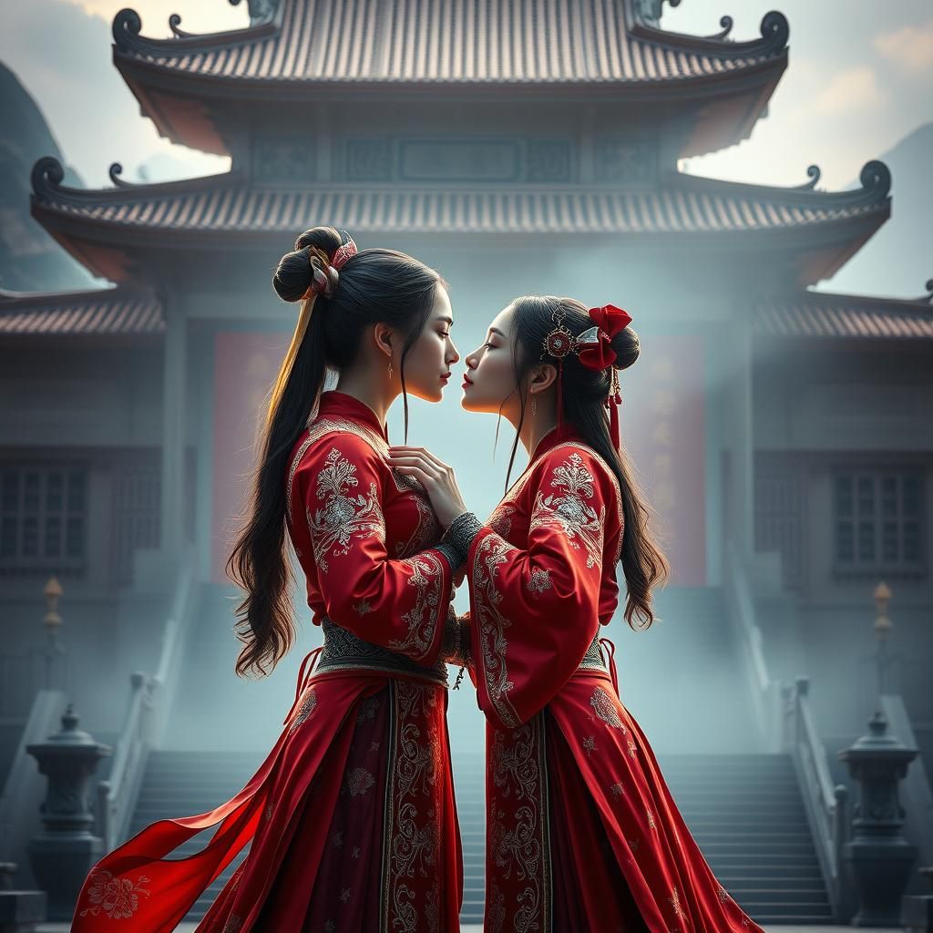 Warrior Women Share a Kiss in Ethereal Chinese Scene