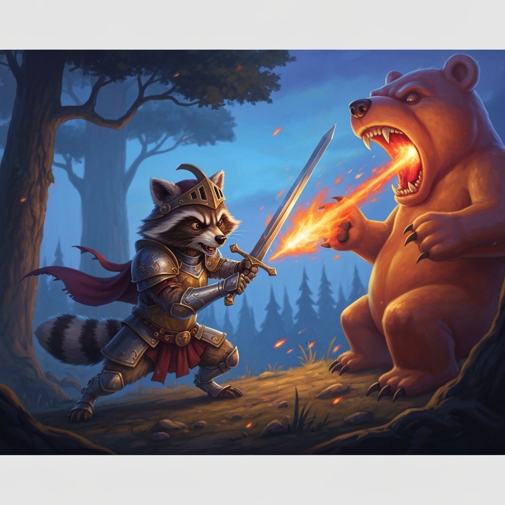 Raccoon Knight Battles Fire Gummy Bear in Twilight Forest