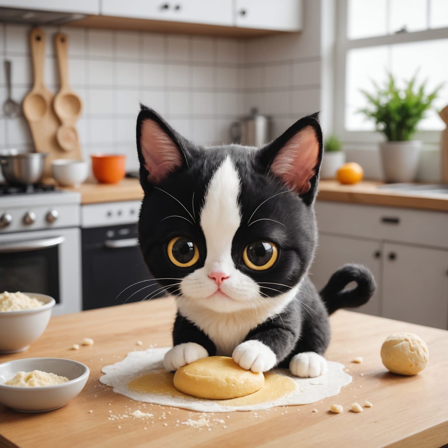 Cute Chibi Cat Kneading Dough in Kitchen