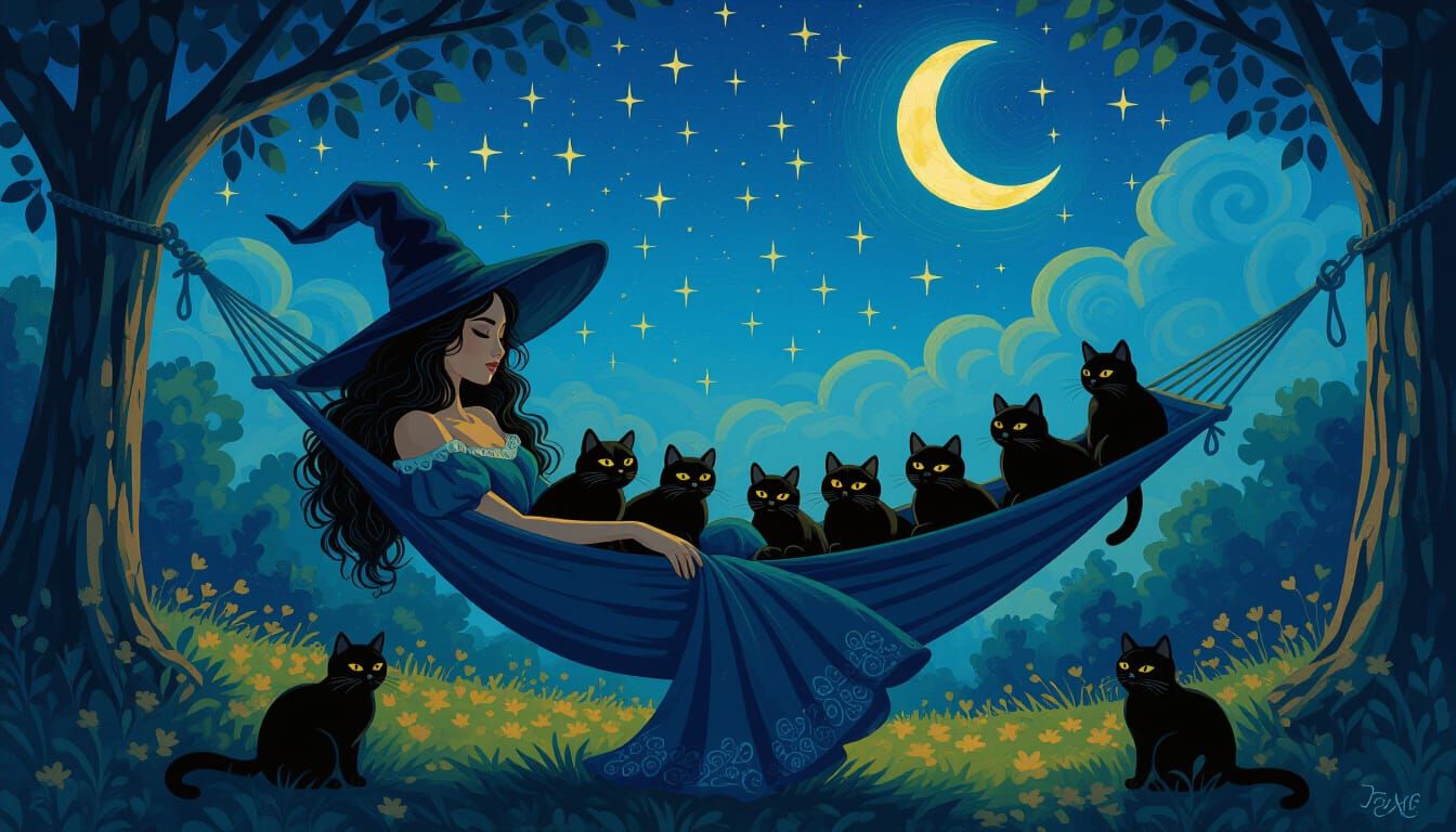 Fantastical Witch and Black Cats in Fairyland