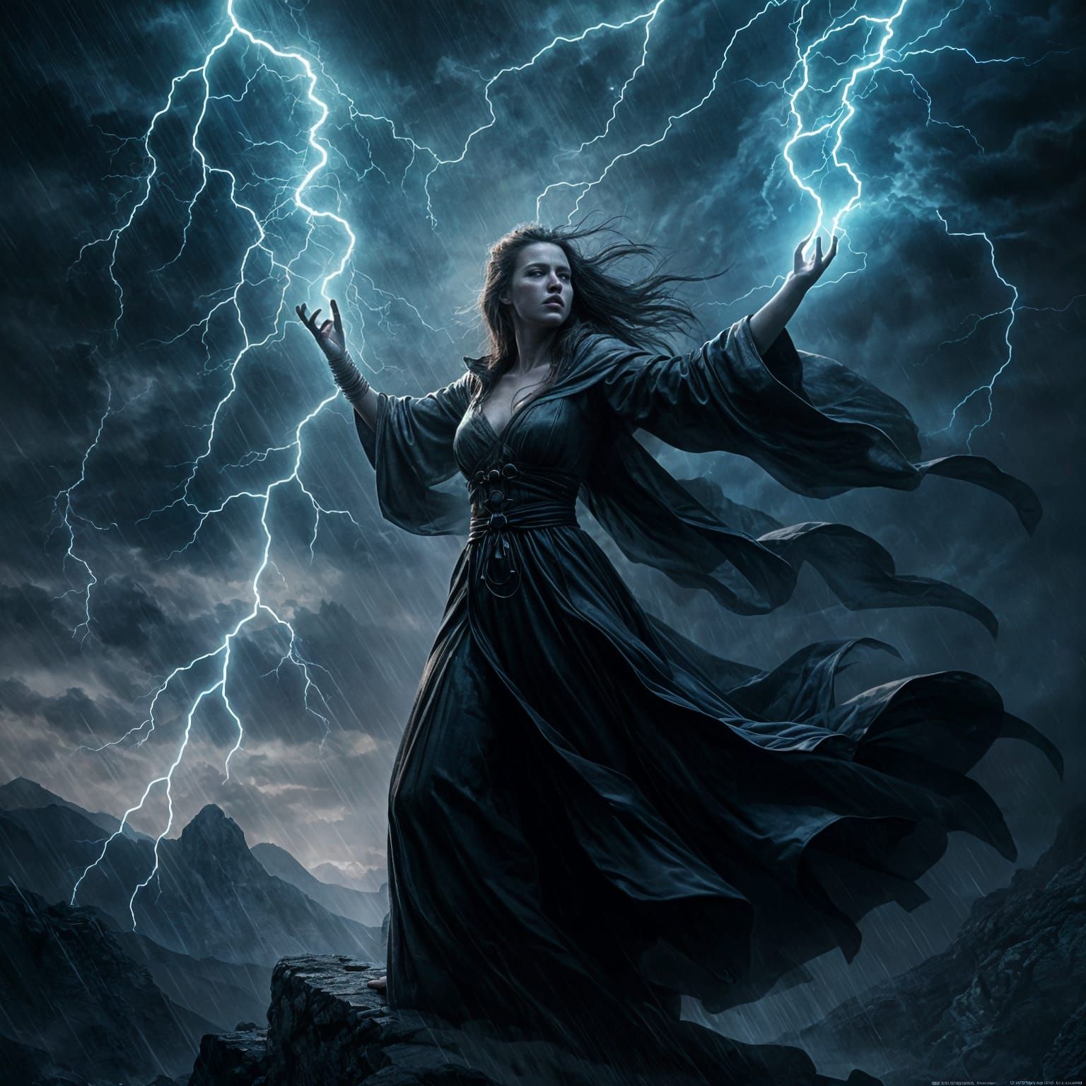 Sorceress Commands Elemental Storm on Mountaintop