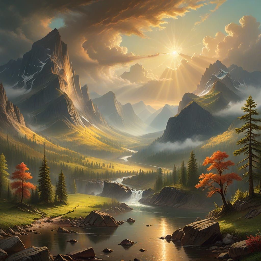Spectacular Mountain Valley Landscape in Oil Painting Style