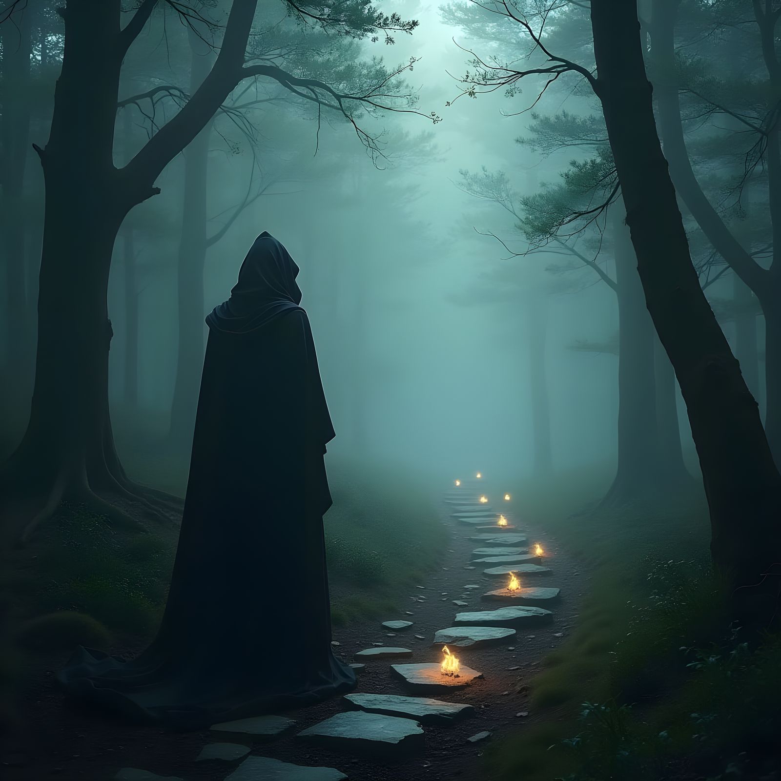 Mystical Figure Enters Enchanted Forest in Ancient Rune-Lit ...