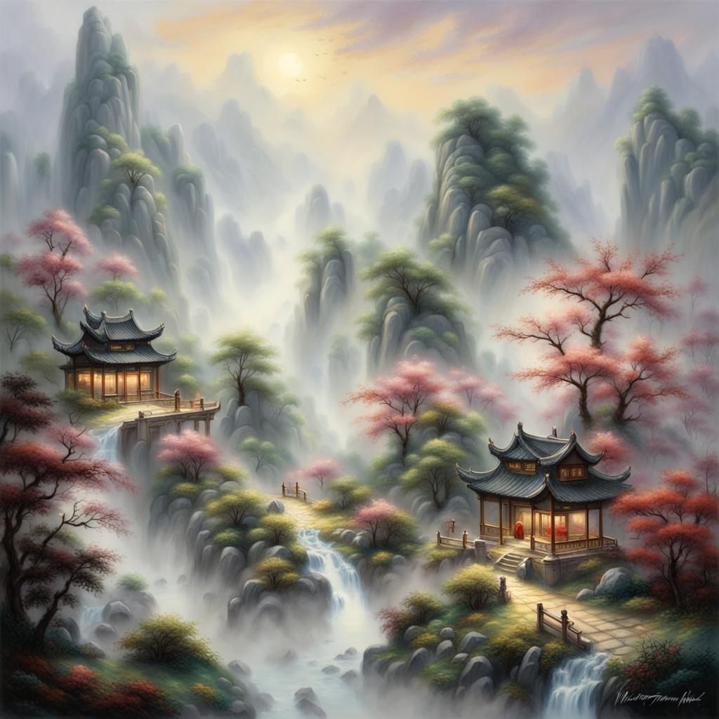 Ethereal Chinese Landscape Painting in Mist