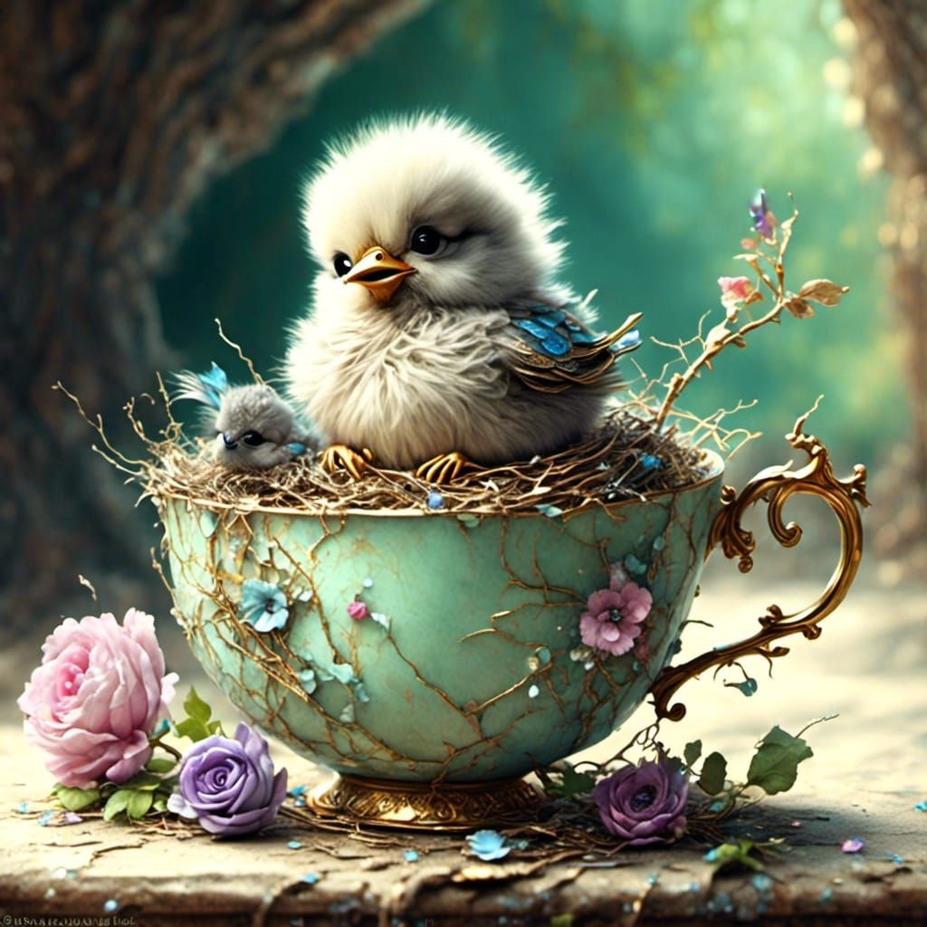 A pretty fluffy bird with its baby.