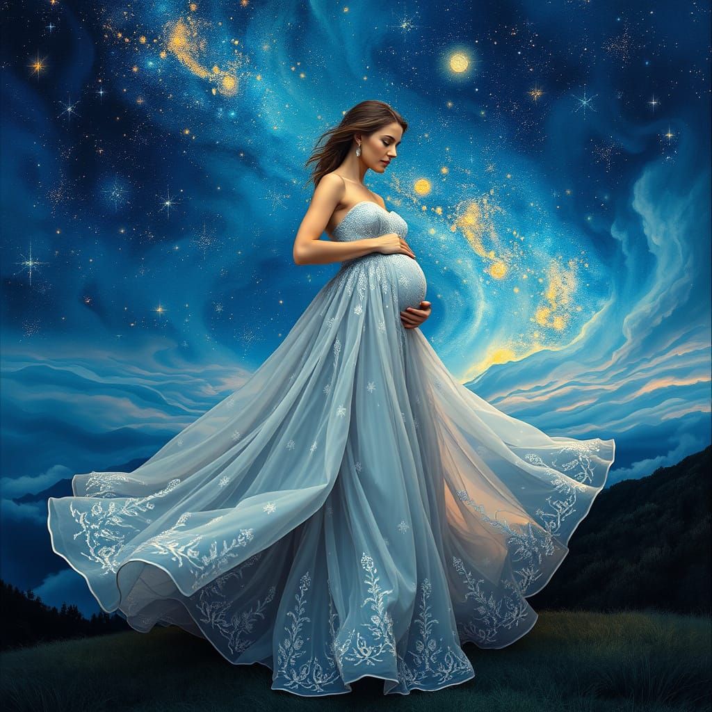 Ethereal Pregnant Woman Under Starry Night Sky