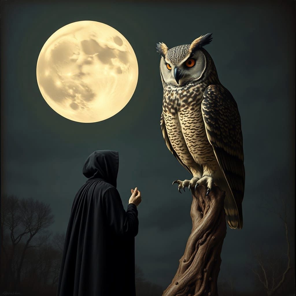 Mysterious Figure Consults with Enigmatic Owl under Full Moo...