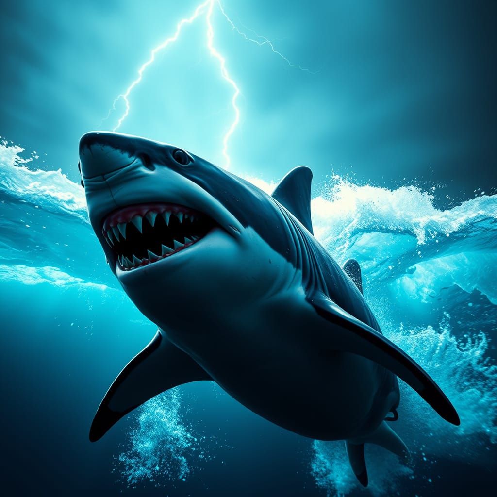 Great White Shark Bioluminescent Lunge in Cyberpunk Style