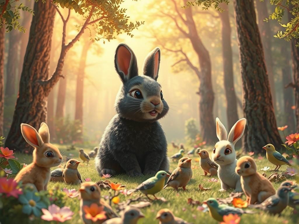 Whimsical Forest Scene with Bunnies in 3D