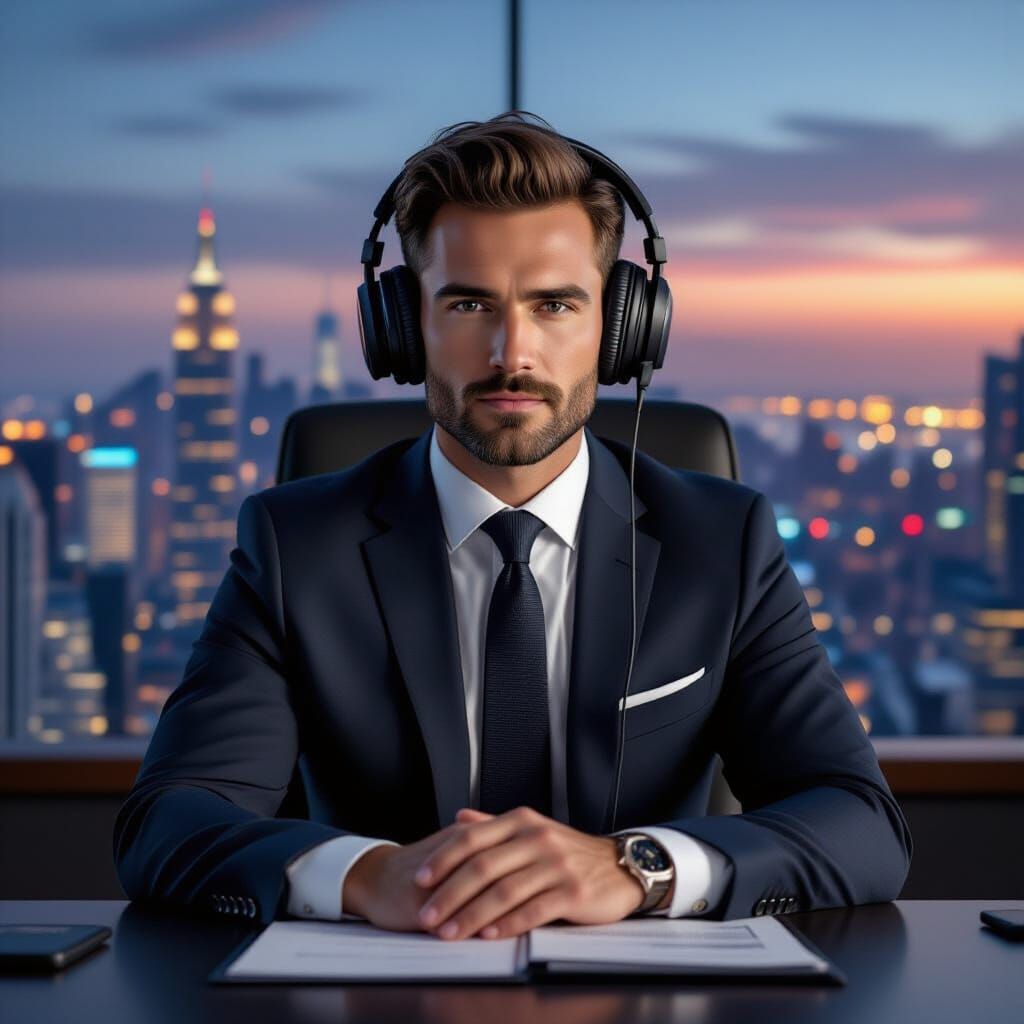 Radio News Anchor in Studio, Photojournalistic Digital Art