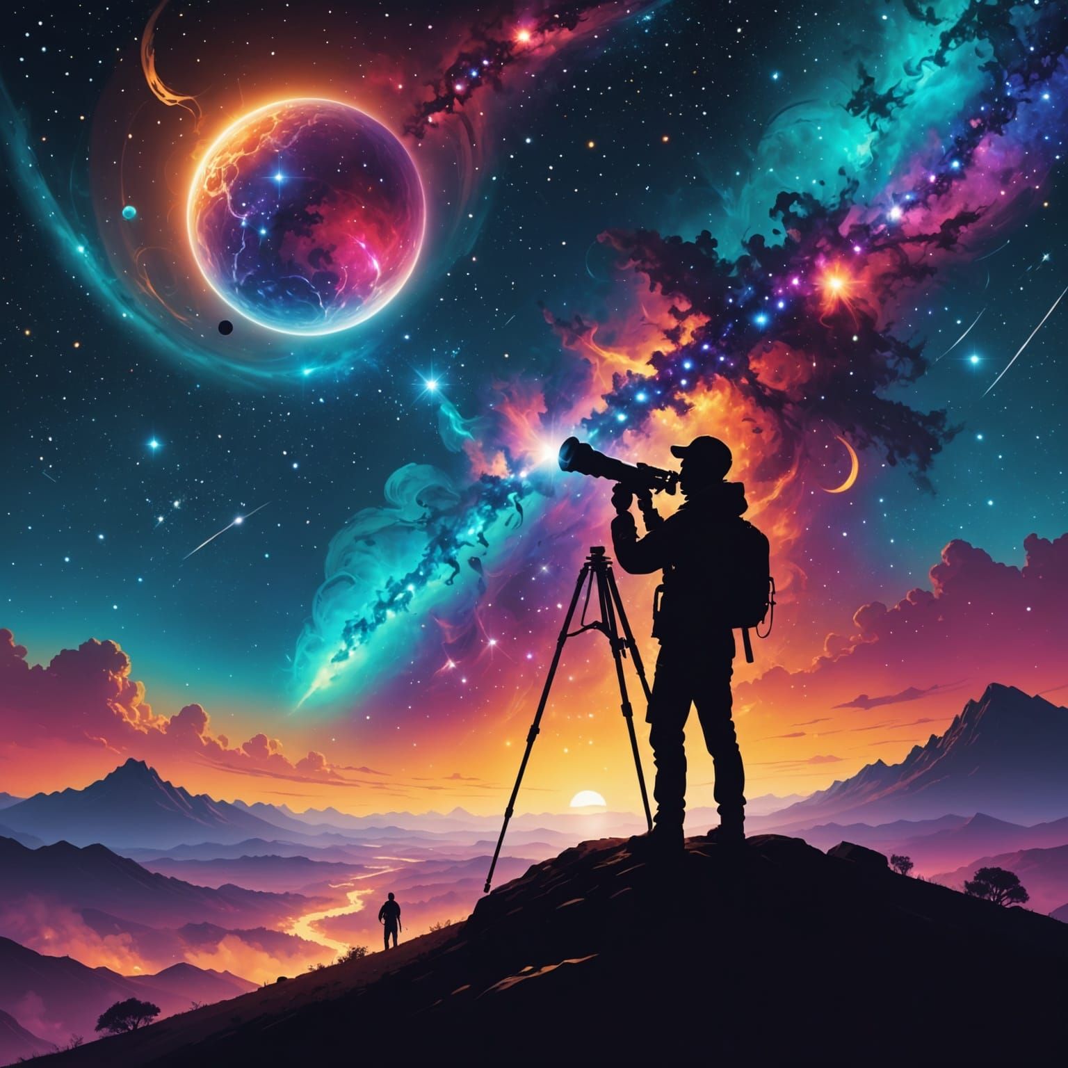 Student Silhouetted Against Cosmic Vista with Golden Key