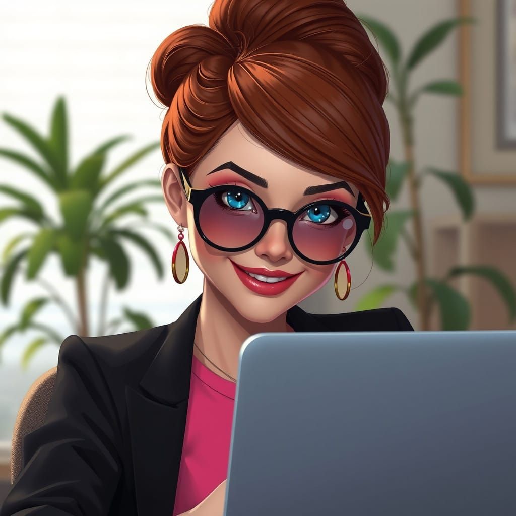 Redhead Woman in Brown Glasses and Rose Top, Surrounded by P...