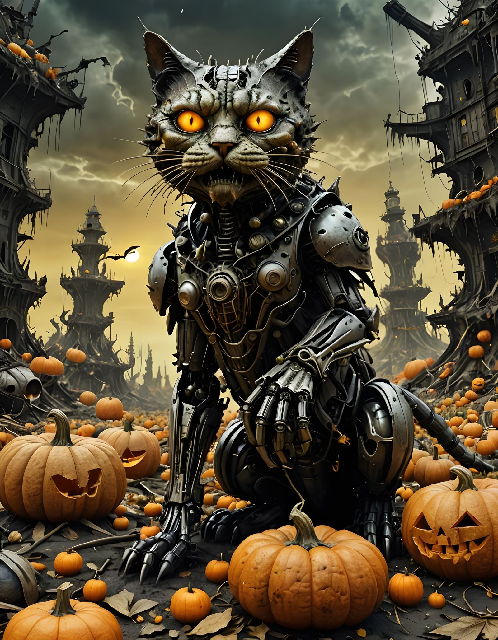 Steampunk Pumpkin Robot Cat in Surreal Landscape