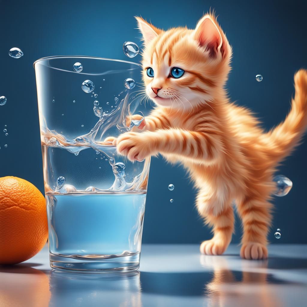 Cute Kitten Tipping Water Glass: Hyperrealistic Splash Art