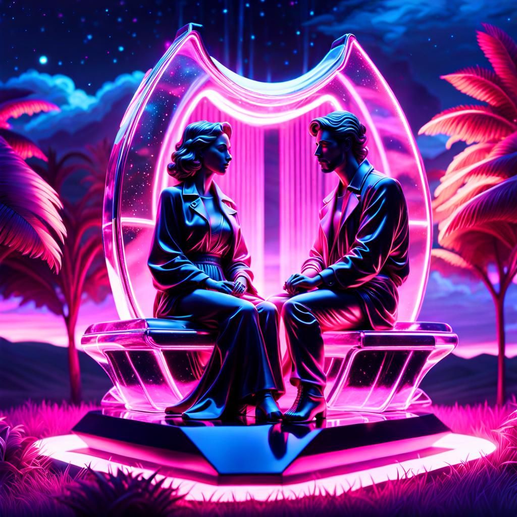 Romantic Glass Couple Sculpture in Vapourwave Style