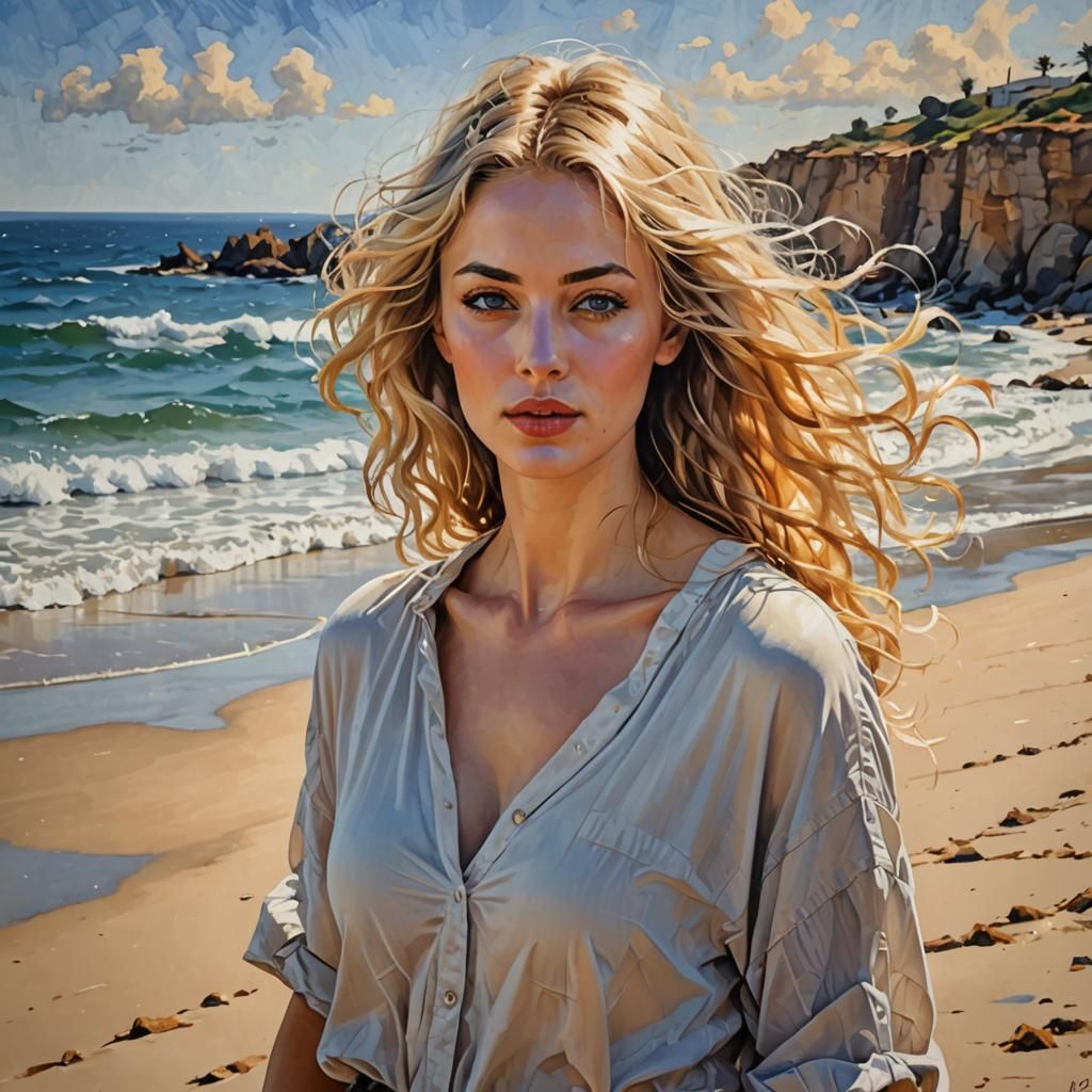 Blonde Woman Running on Beach in Fluid Brush Style