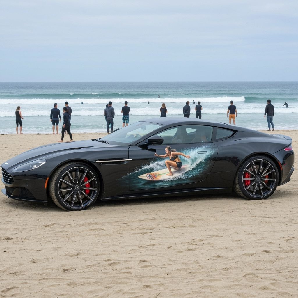 Aston Martin DB12 on Beach with Airbrushed Surfer