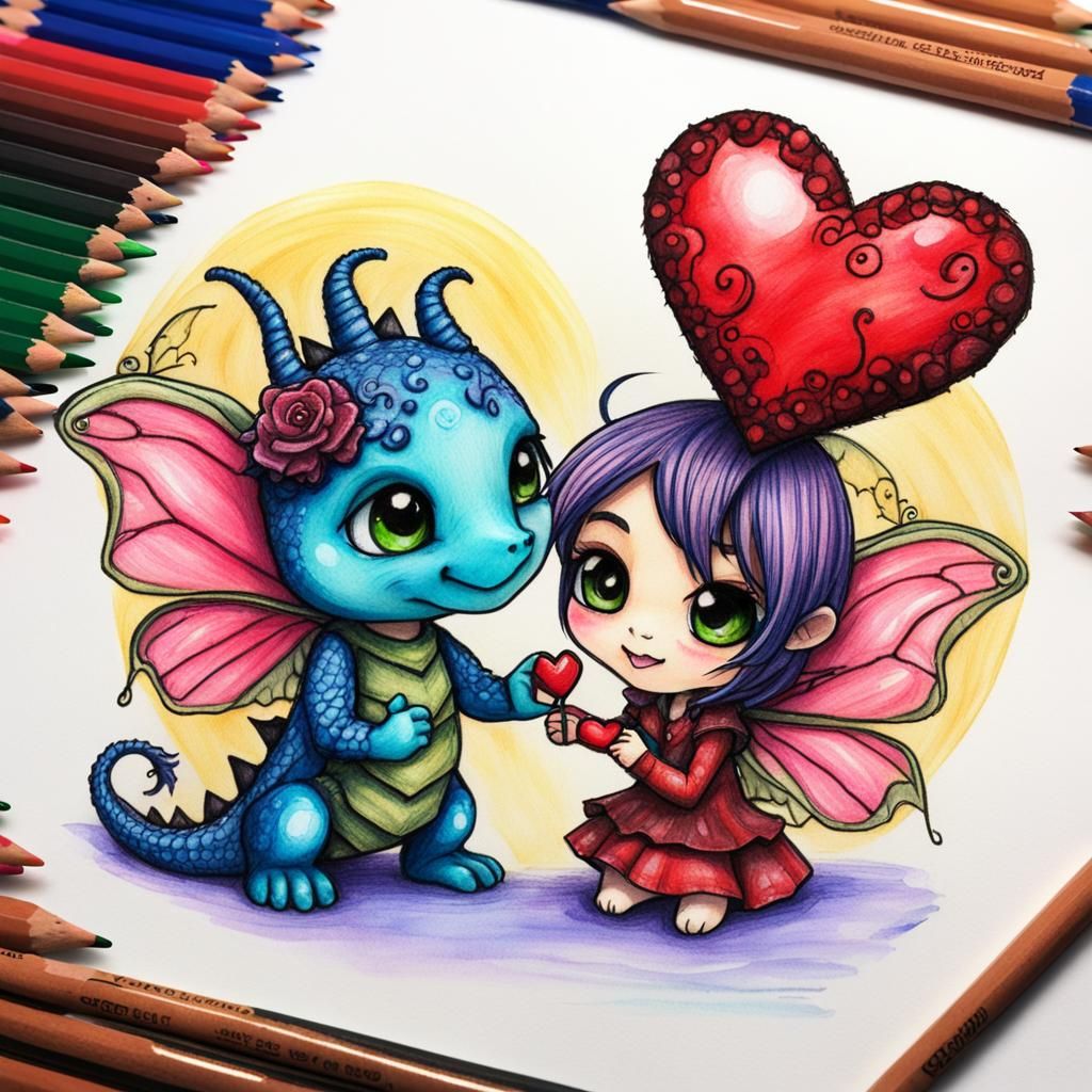 Chibi Dragon Offers Heart to Fairy Wife