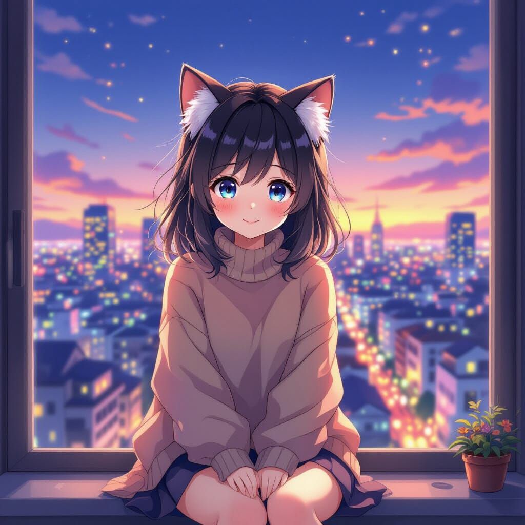 Cute Anime Girl with Cat Ears on Windowsill