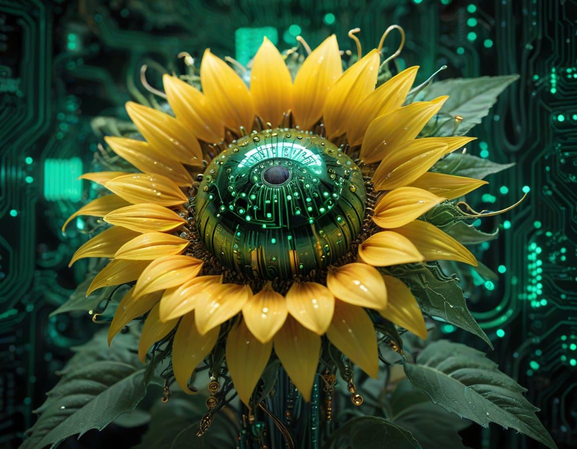 Circuit Board Sunflower with Pulsating Binary Code Center