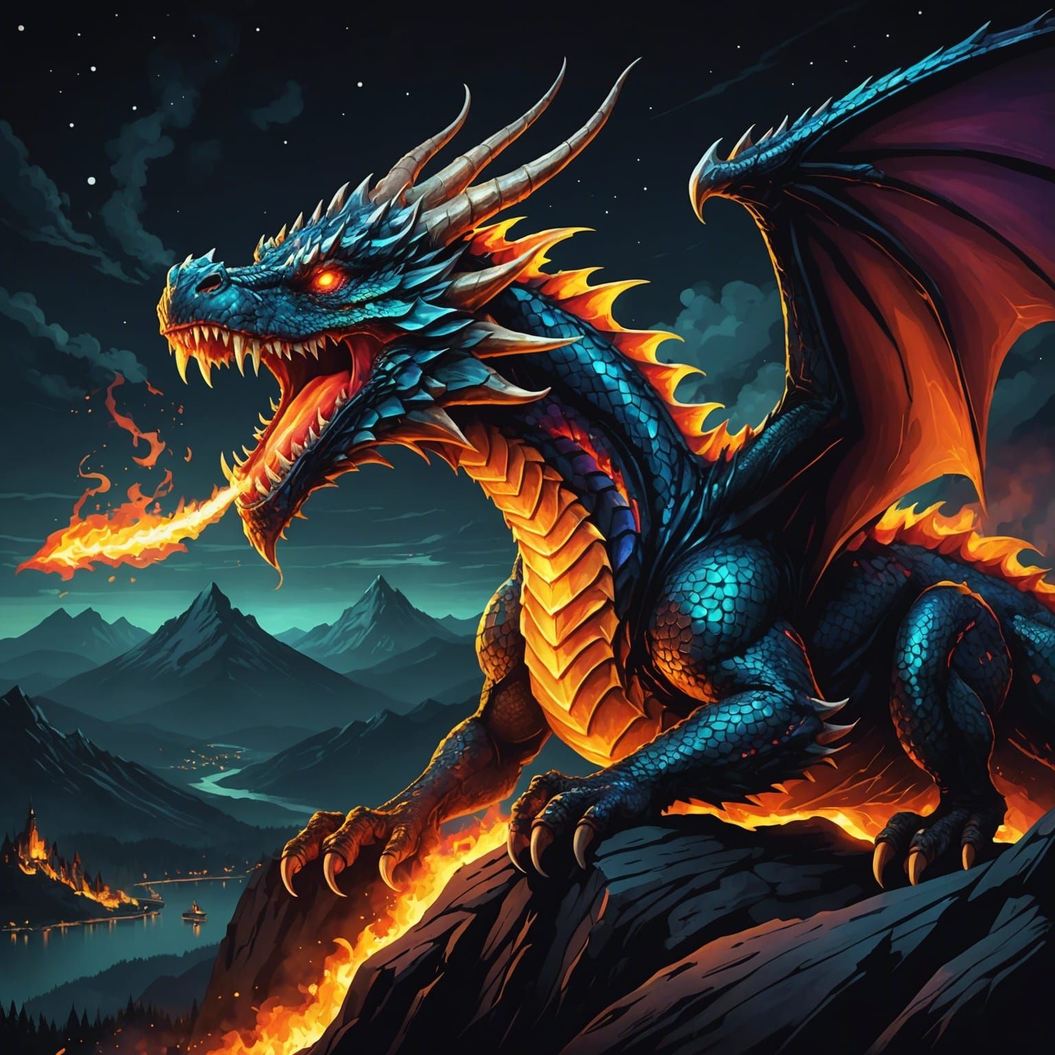 Colorful Dragon Emitting Fire at Night