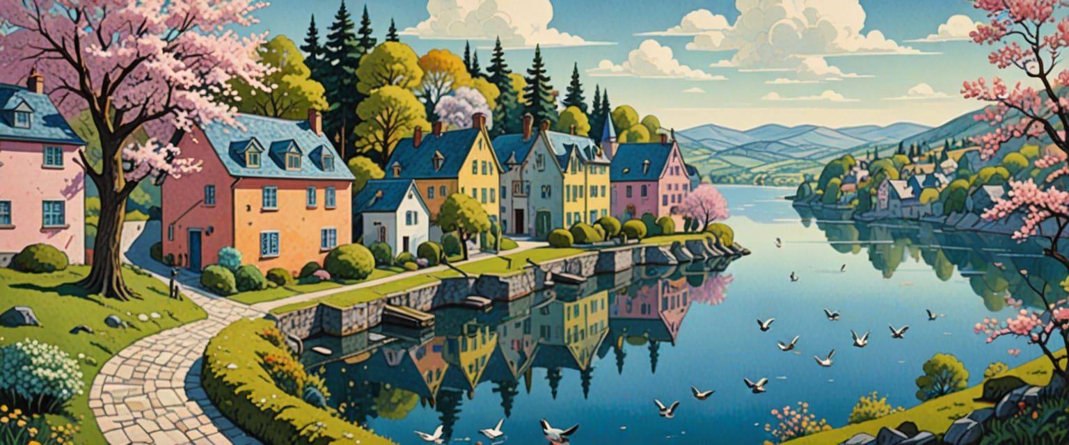 Spring Lake Village in Naive Folk Art Style