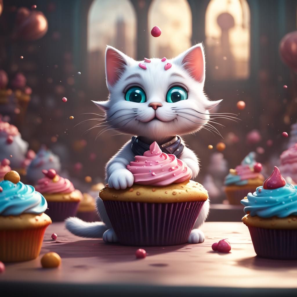 Cute Kitty Eating Cupcake in Detailed Matte Painting
