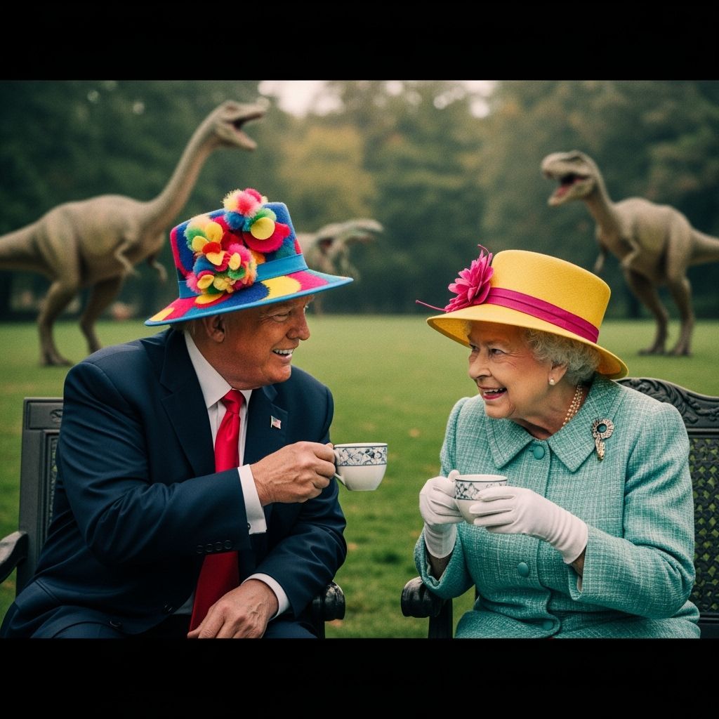 Trump and Queen Share Coffee, Dinosaurs in Background