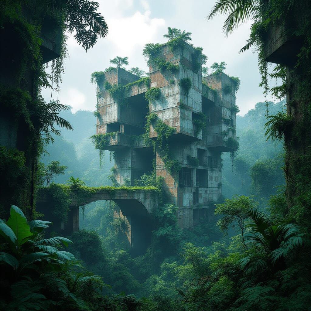 Abandoned City in Jungle, Photorealistic Style