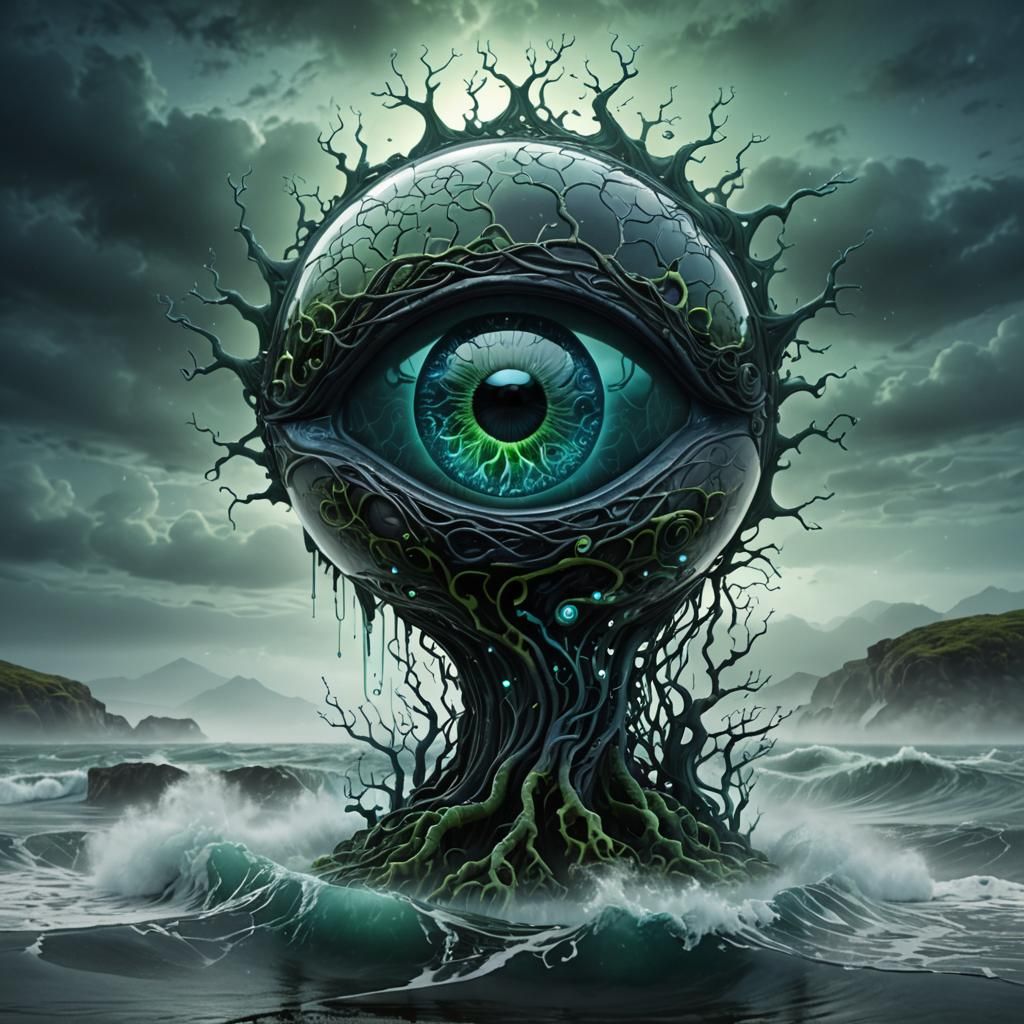 Glass 'A' with Brain and Eye in Dark Fantasy Style