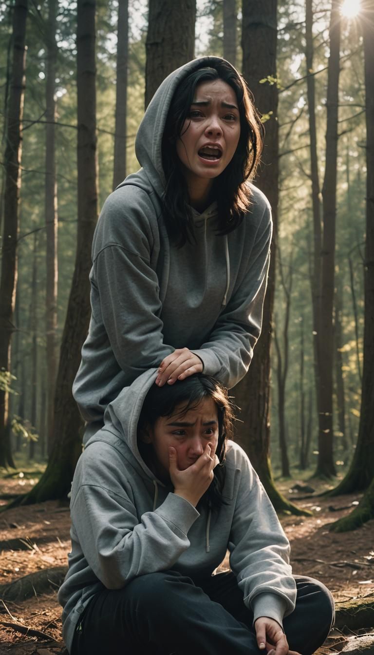 Crying Girl in Forest: Cinematic Film Still