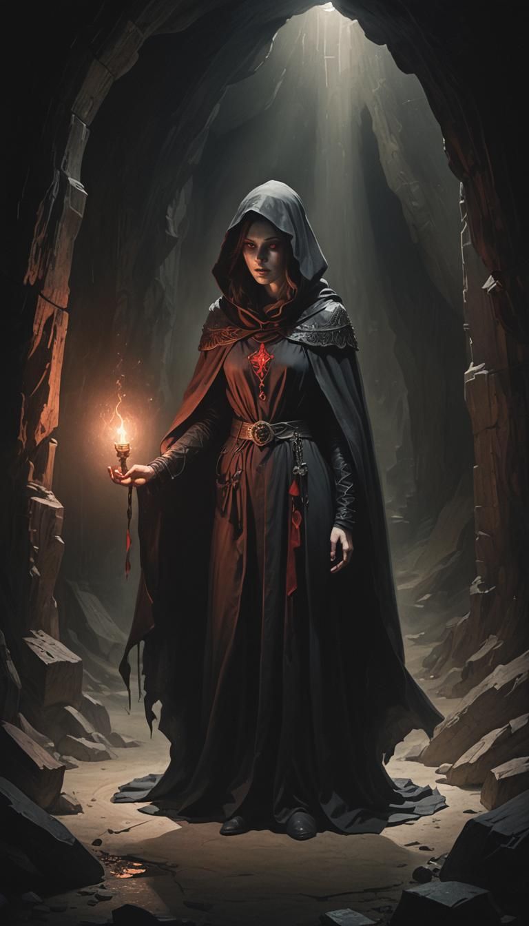 Cloaked Woman with Arcane Sigils in Dark Cavern
