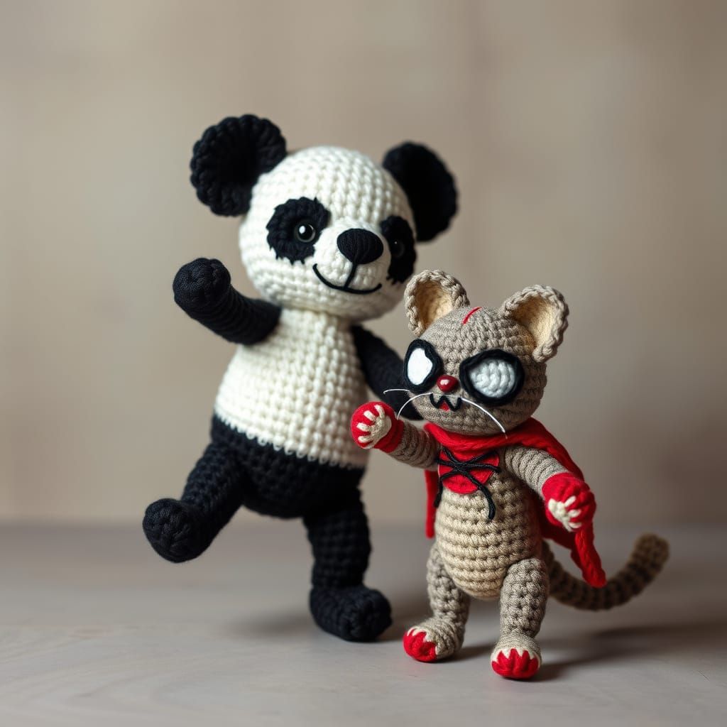 Colorful Crochet Panda Dances with Feline Friend in Superher...