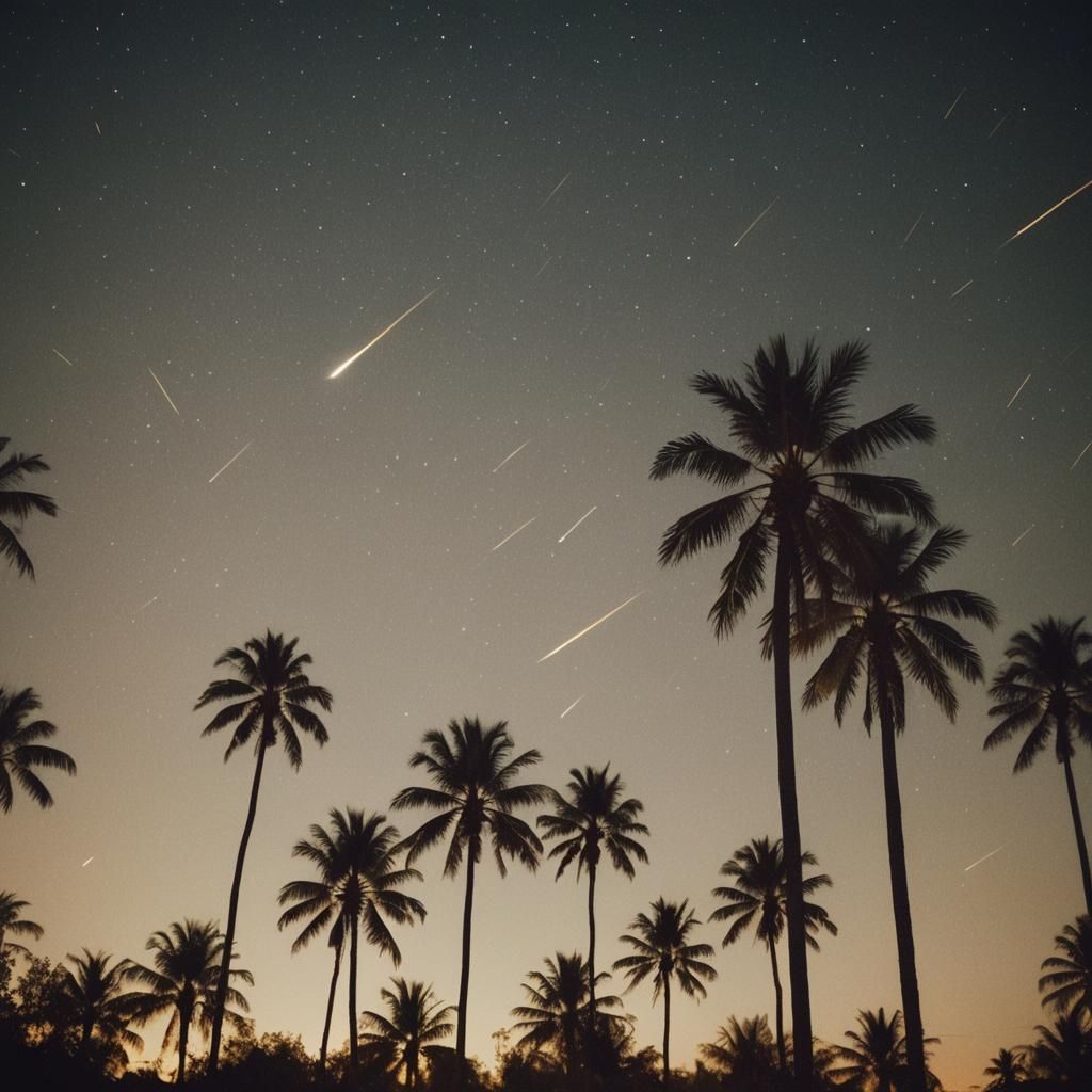 Palm Trees Under Meteors: Cinematic Film Still