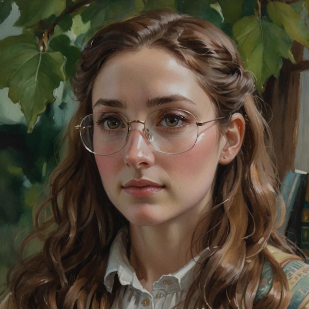 Young Woman Reading in Library: Watercolor Portrait