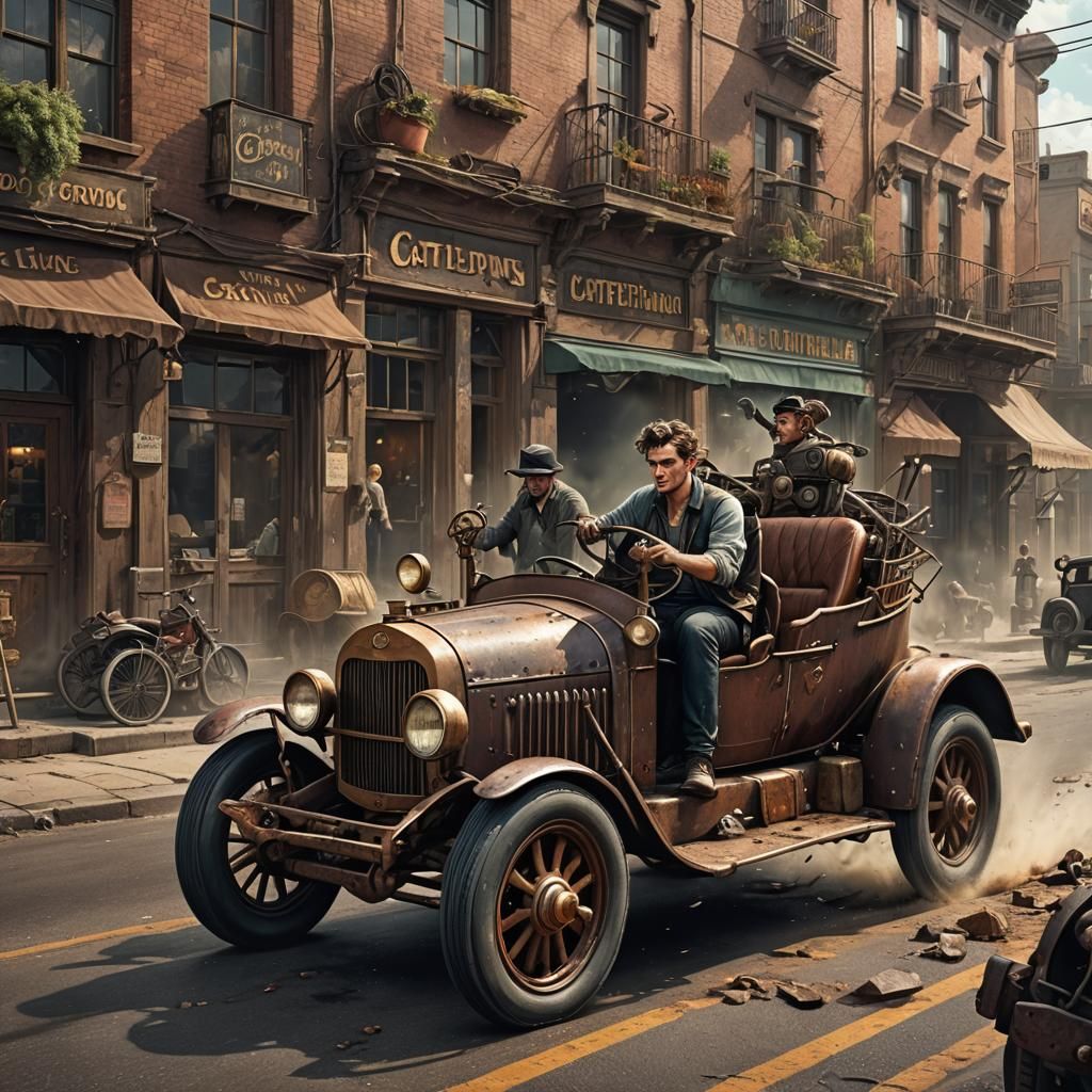 Cattlepunk Boy Driving Old Car in Fantasy City